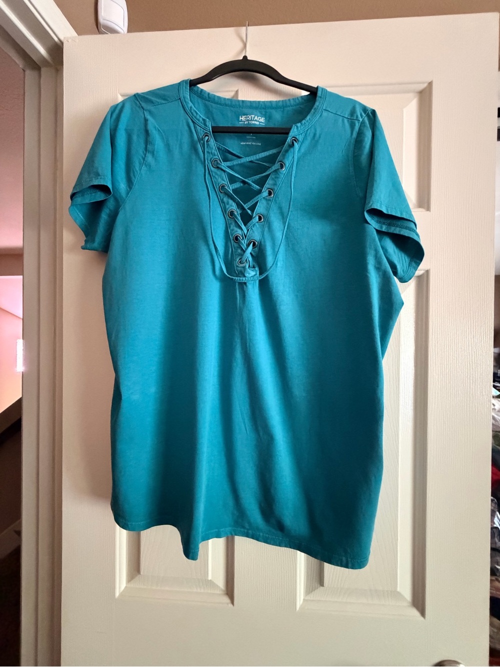 Heritage Teal Lace-Up V-Neck Tunic Top